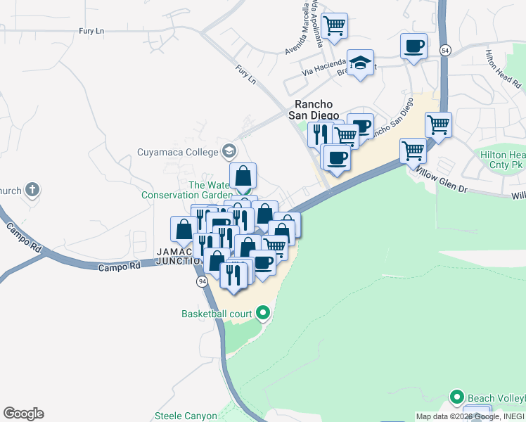 map of restaurants, bars, coffee shops, grocery stores, and more near 6127 Kerch St in El Cajon