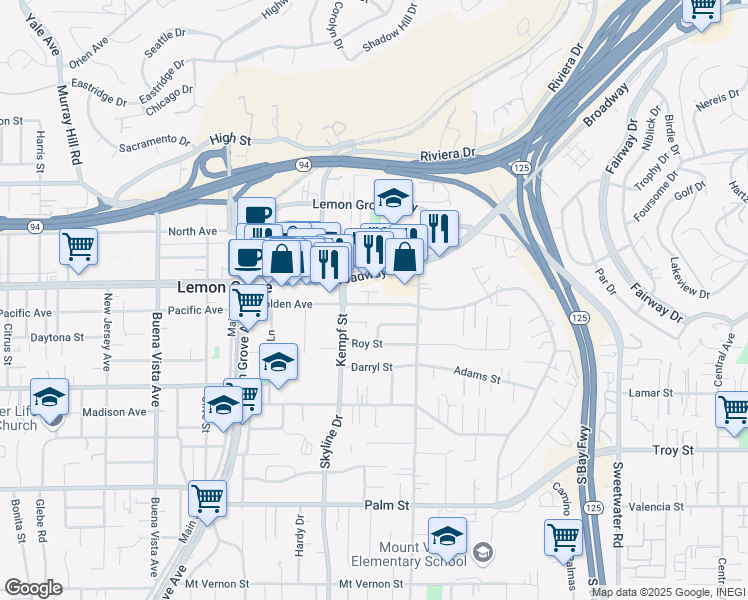 map of restaurants, bars, coffee shops, grocery stores, and more near 8064 Golden Avenue in Lemon Grove