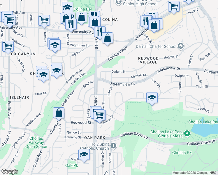 map of restaurants, bars, coffee shops, grocery stores, and more near 3333 Winlow Street in San Diego