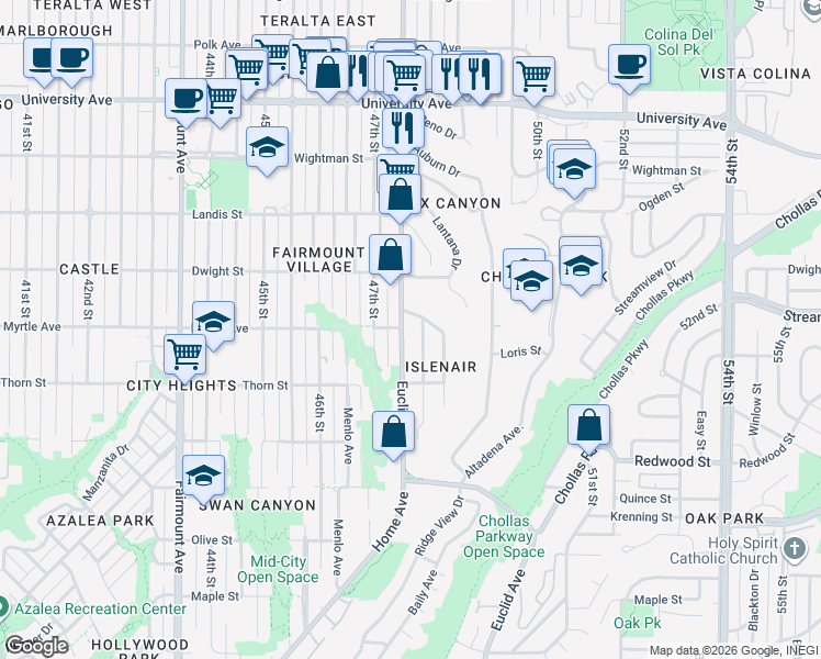 map of restaurants, bars, coffee shops, grocery stores, and more near 3442 Belle Isle Drive in San Diego