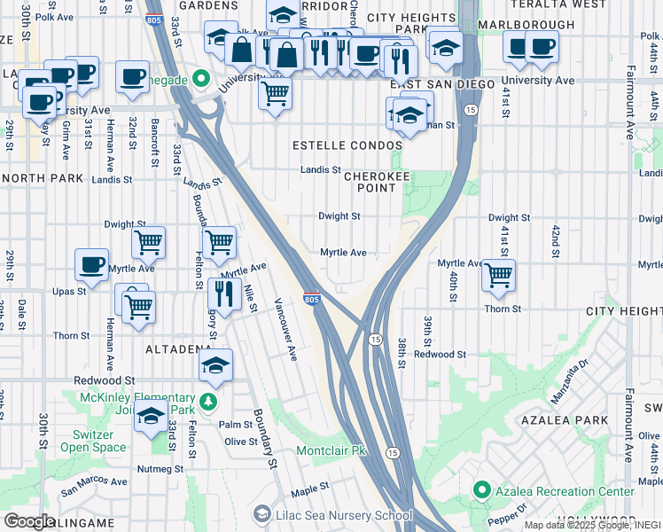 map of restaurants, bars, coffee shops, grocery stores, and more near 3421 36th Street in San Diego