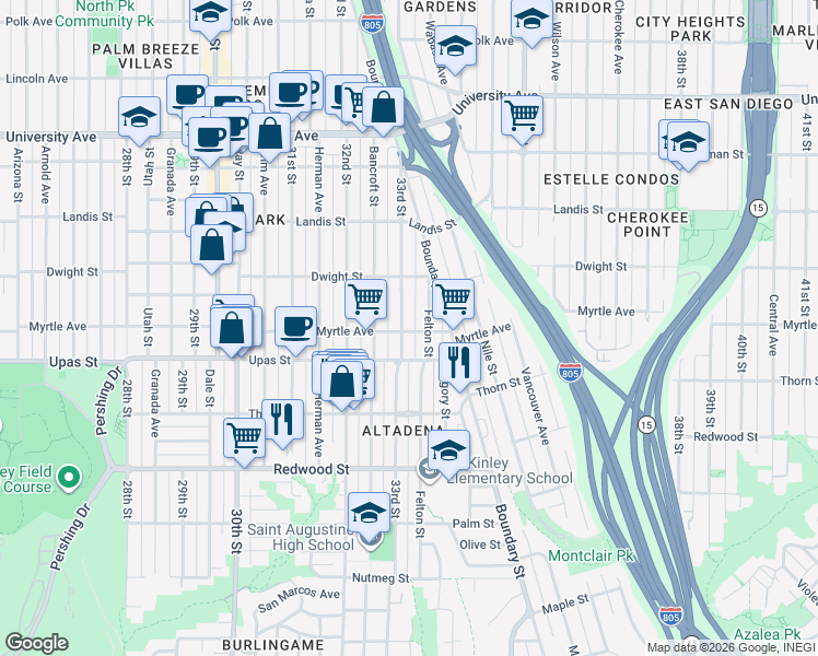 map of restaurants, bars, coffee shops, grocery stores, and more near 3266 Myrtle Avenue in San Diego
