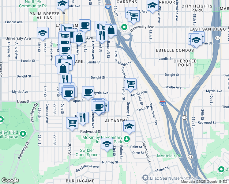 map of restaurants, bars, coffee shops, grocery stores, and more near 3504 33rd Street in San Diego