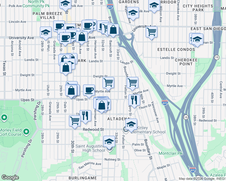 map of restaurants, bars, coffee shops, grocery stores, and more near 3504 33rd Street in San Diego