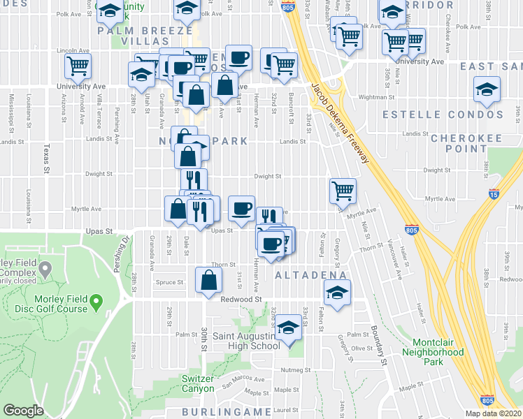 map of restaurants, bars, coffee shops, grocery stores, and more near 3501 Herman Avenue in San Diego