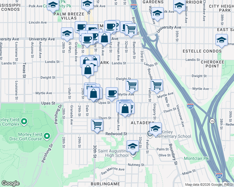 map of restaurants, bars, coffee shops, grocery stores, and more near 3501 Herman Avenue in San Diego