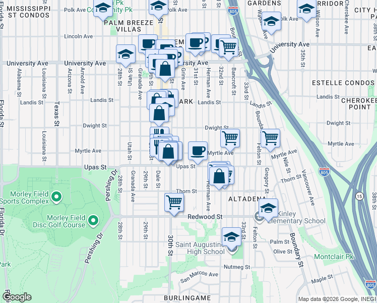 map of restaurants, bars, coffee shops, grocery stores, and more near 3066 Myrtle Avenue in San Diego