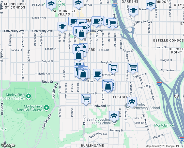 map of restaurants, bars, coffee shops, grocery stores, and more near 3080 Myrtle Avenue in San Diego