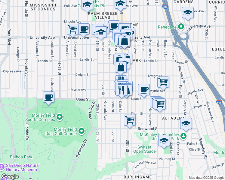 map of restaurants, bars, coffee shops, grocery stores, and more near 3444 Granada Avenue in San Diego