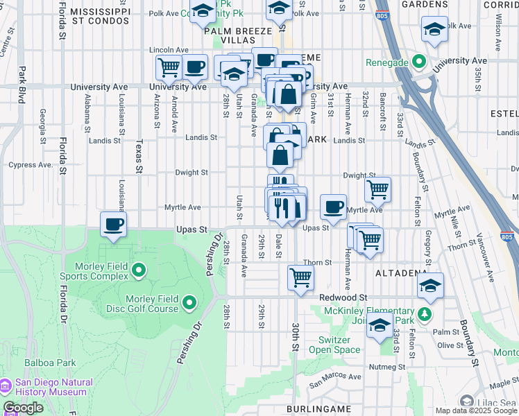 map of restaurants, bars, coffee shops, grocery stores, and more near 3444 Granada Avenue in San Diego