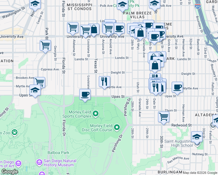 map of restaurants, bars, coffee shops, grocery stores, and more near 3447 Arnold Avenue in San Diego