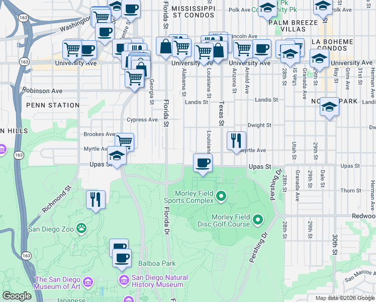 map of restaurants, bars, coffee shops, grocery stores, and more near 3438 Alabama Street in San Diego
