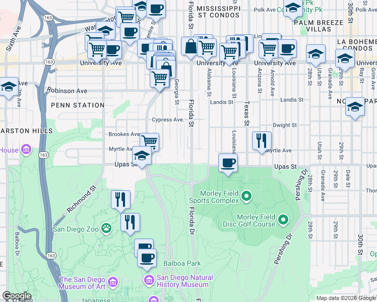 map of restaurants, bars, coffee shops, grocery stores, and more near 3440 Florida Street in San Diego
