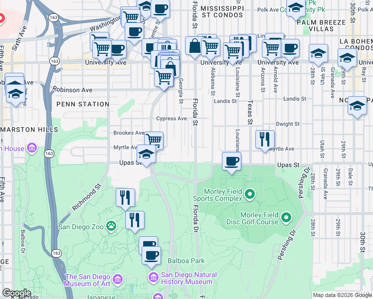 map of restaurants, bars, coffee shops, grocery stores, and more near 3440 Florida Street in San Diego