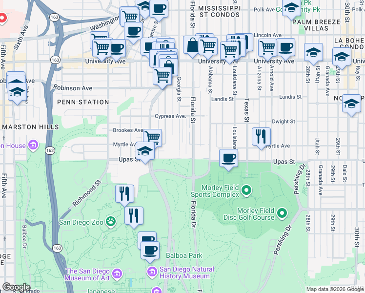 map of restaurants, bars, coffee shops, grocery stores, and more near 3440 Florida Street in San Diego