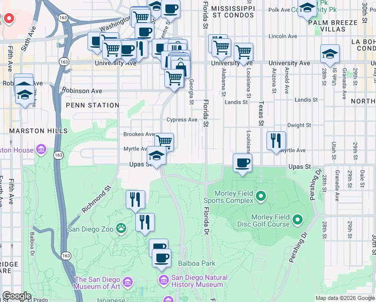 map of restaurants, bars, coffee shops, grocery stores, and more near 3430 Georgia Street in San Diego