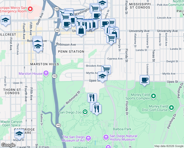 map of restaurants, bars, coffee shops, grocery stores, and more near 3443 Albert Street in San Diego