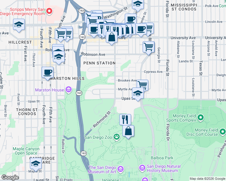 map of restaurants, bars, coffee shops, grocery stores, and more near 3438 Richmond Street in San Diego