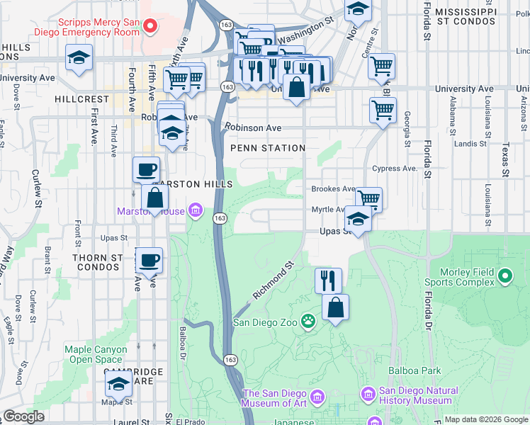 map of restaurants, bars, coffee shops, grocery stores, and more near 3451 Vermont Street in San Diego