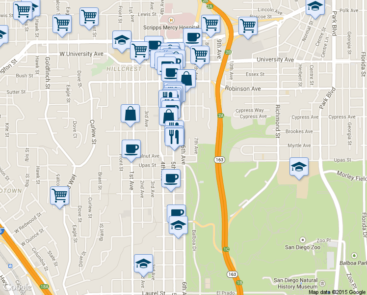 map of restaurants, bars, coffee shops, grocery stores, and more near in San Diego