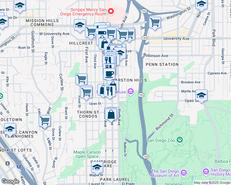 map of restaurants, bars, coffee shops, grocery stores, and more near 3534 Fifth Avenue in San Diego