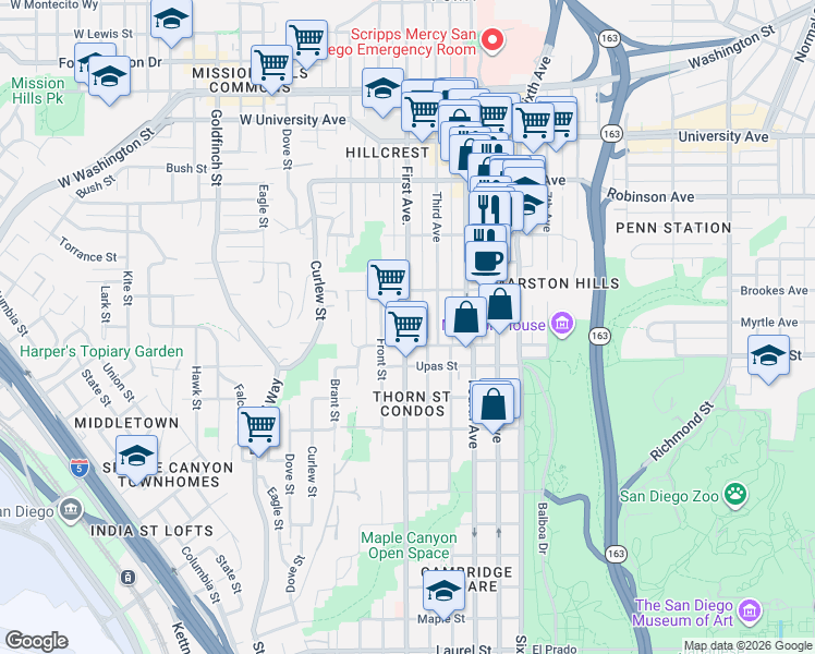 map of restaurants, bars, coffee shops, grocery stores, and more near 3531 1st Avenue in San Diego