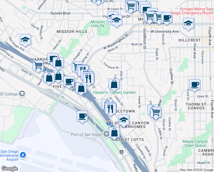 map of restaurants, bars, coffee shops, grocery stores, and more near 1503 Glenwood Drive in San Diego