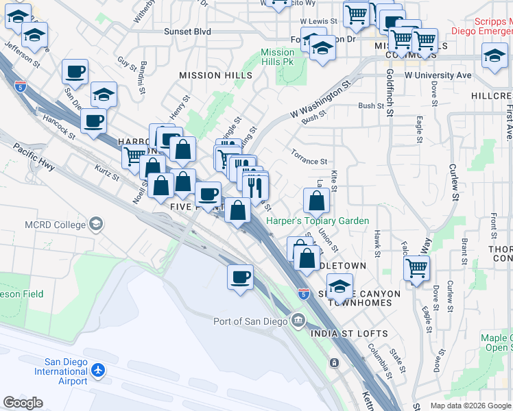 map of restaurants, bars, coffee shops, grocery stores, and more near 3667 India Street in San Diego