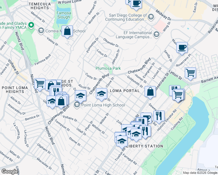 map of restaurants, bars, coffee shops, grocery stores, and more near 2554 Clove Street in San Diego