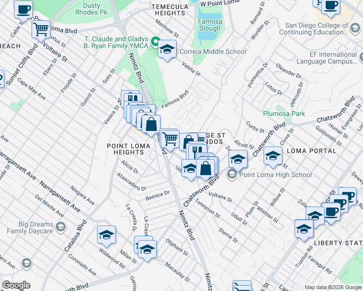 map of restaurants, bars, coffee shops, grocery stores, and more near 3930 Voltaire Street in San Diego