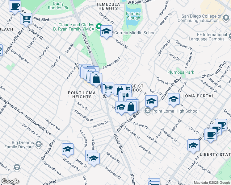 map of restaurants, bars, coffee shops, grocery stores, and more near 3930 Voltaire Street in San Diego