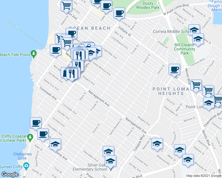 map of restaurants, bars, coffee shops, grocery stores, and more near 1865 Froude Street in San Diego