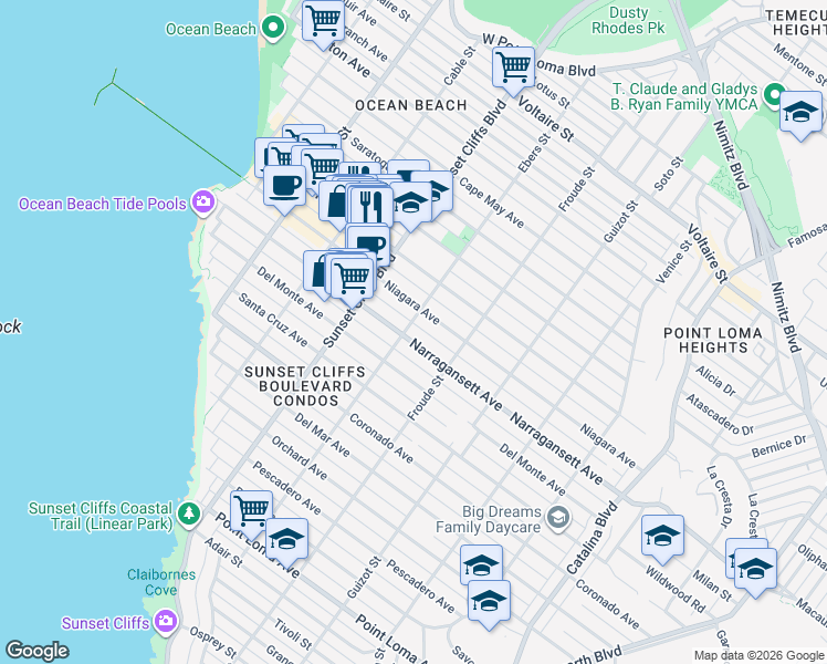 map of restaurants, bars, coffee shops, grocery stores, and more near 4705 Narragansett Avenue in San Diego
