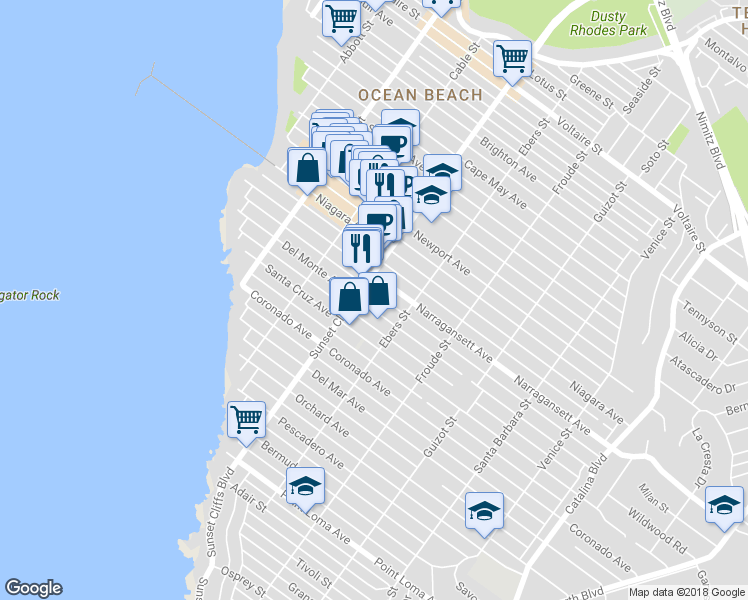map of restaurants, bars, coffee shops, grocery stores, and more near 4760 Del Monte Avenue in San Diego