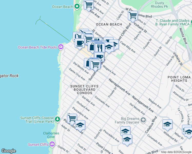 map of restaurants, bars, coffee shops, grocery stores, and more near 4760 Del Monte Avenue in San Diego