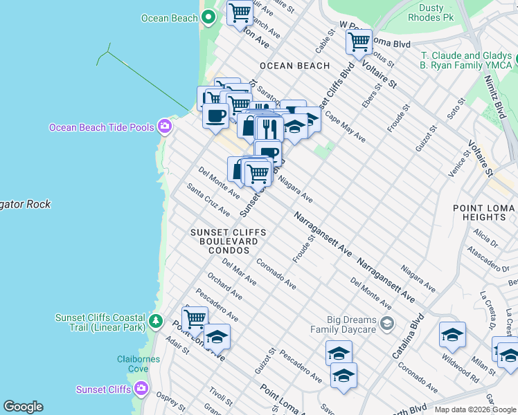 map of restaurants, bars, coffee shops, grocery stores, and more near 4760 Del Monte Avenue in San Diego