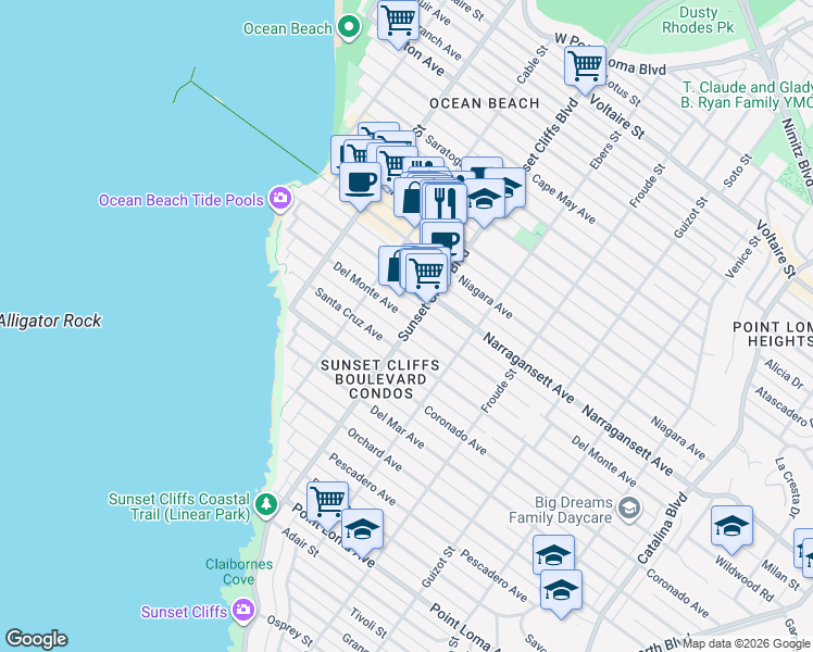 map of restaurants, bars, coffee shops, grocery stores, and more near 4817 Del Monte Avenue in San Diego