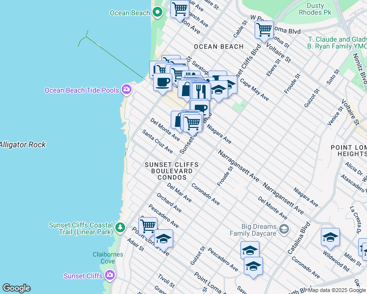 map of restaurants, bars, coffee shops, grocery stores, and more near 4817 Del Monte Avenue in San Diego