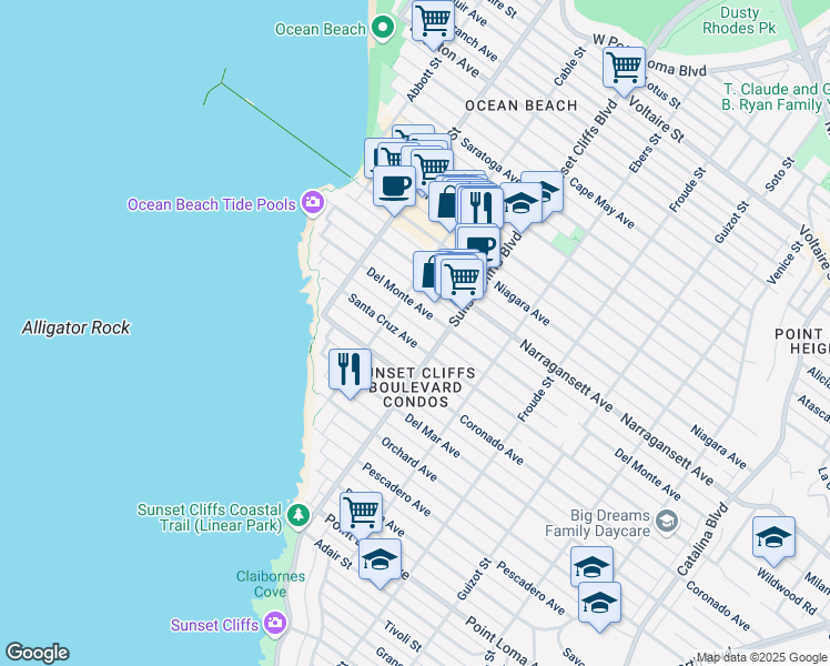 map of restaurants, bars, coffee shops, grocery stores, and more near 4817 Del Monte Avenue in San Diego
