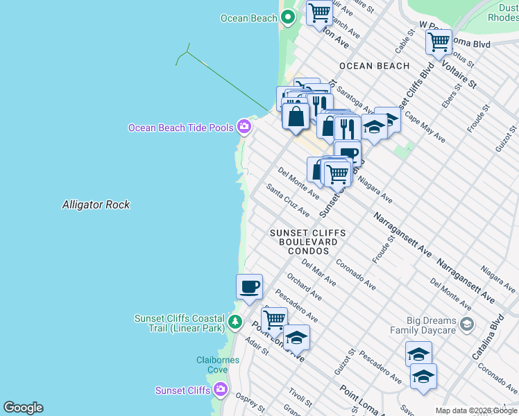 map of restaurants, bars, coffee shops, grocery stores, and more near 4934 Coronado Avenue in San Diego