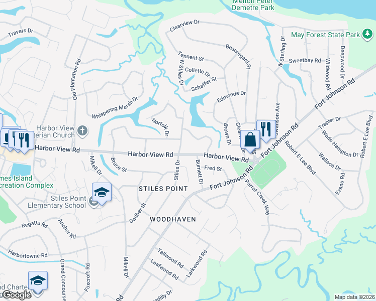 map of restaurants, bars, coffee shops, grocery stores, and more near 686 Harbor View Road in Charleston