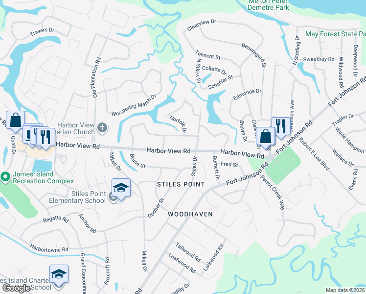 map of restaurants, bars, coffee shops, grocery stores, and more near 714 Harbor View Road in Charleston