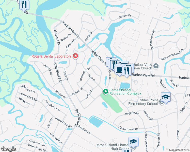 map of restaurants, bars, coffee shops, grocery stores, and more near 824 Weir Street in Charleston