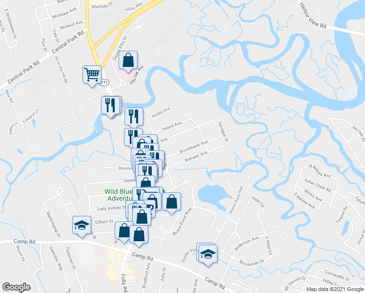 map of restaurants, bars, coffee shops, grocery stores, and more near 1526 Brookbank Avenue in Charleston