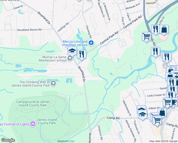 map of restaurants, bars, coffee shops, grocery stores, and more near 720 Riverland Drive in Charleston