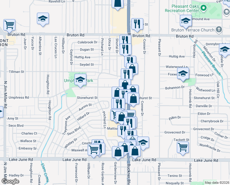 map of restaurants, bars, coffee shops, grocery stores, and more near 7940 Umphress Road in Dallas