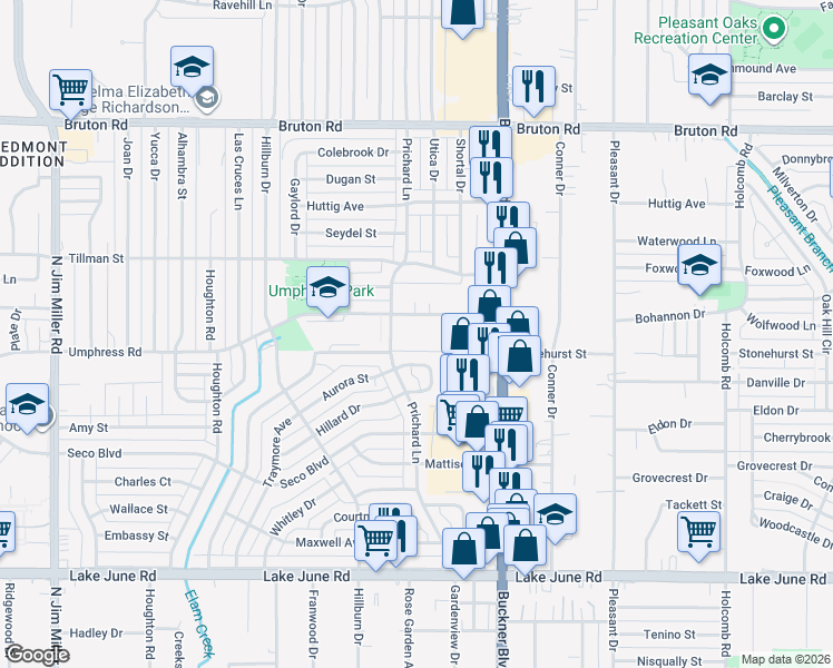 map of restaurants, bars, coffee shops, grocery stores, and more near 7942 Umphress Road in Dallas
