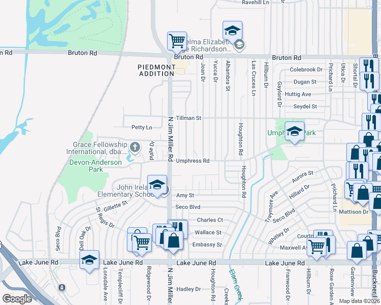 map of restaurants, bars, coffee shops, grocery stores, and more near 1715 Oldfield Drive in Dallas