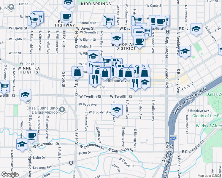 map of restaurants, bars, coffee shops, grocery stores, and more near 600 Centre Street in Dallas