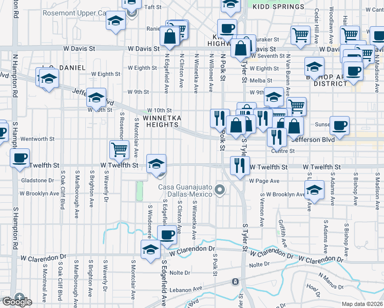 map of restaurants, bars, coffee shops, grocery stores, and more near 416 South Winnetka Avenue in Dallas